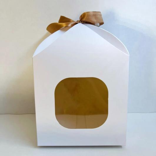 Коробка для кулича 11 см*11 см*15 см с лентой и окном белая